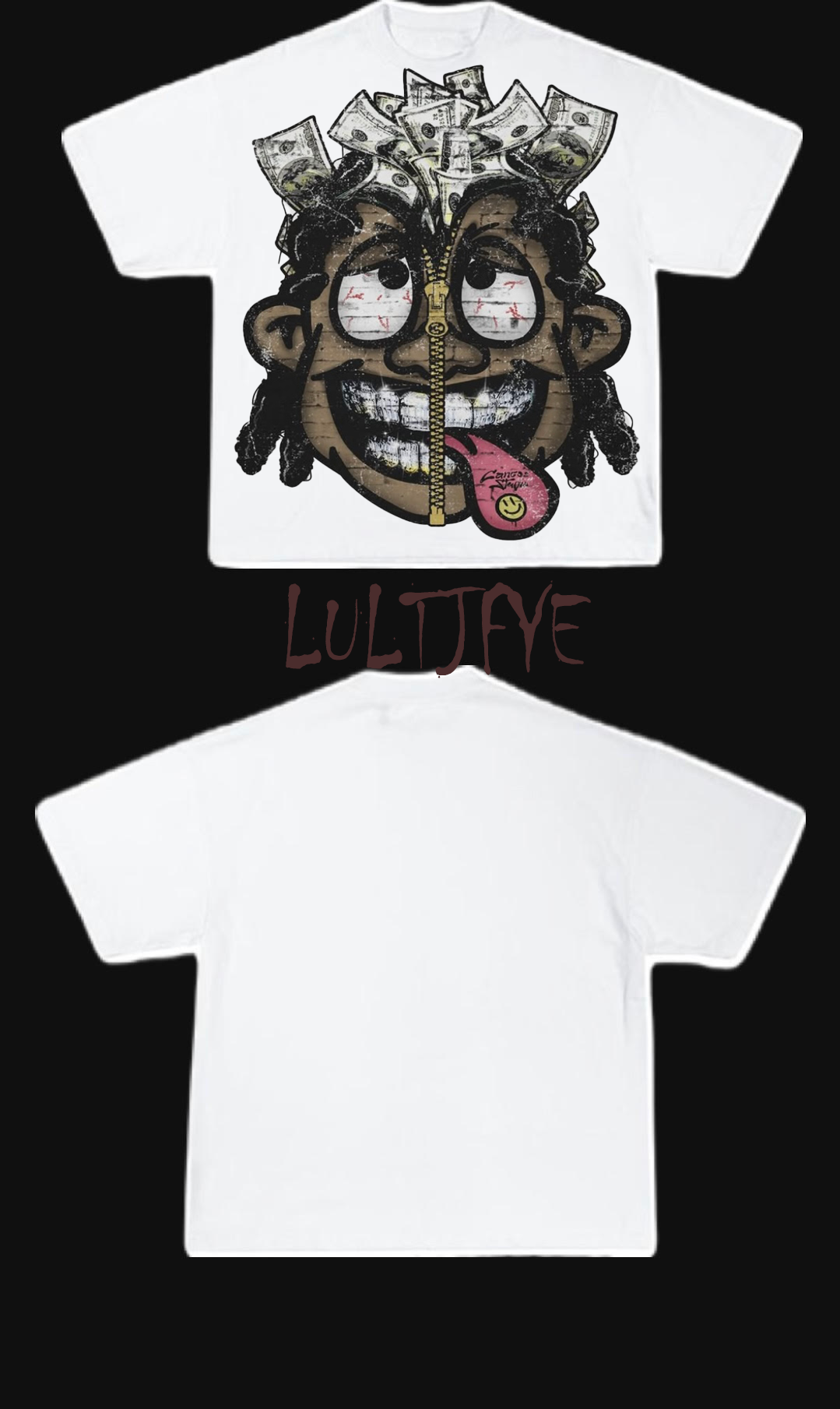 Zip up face money cartoon graphic Tee